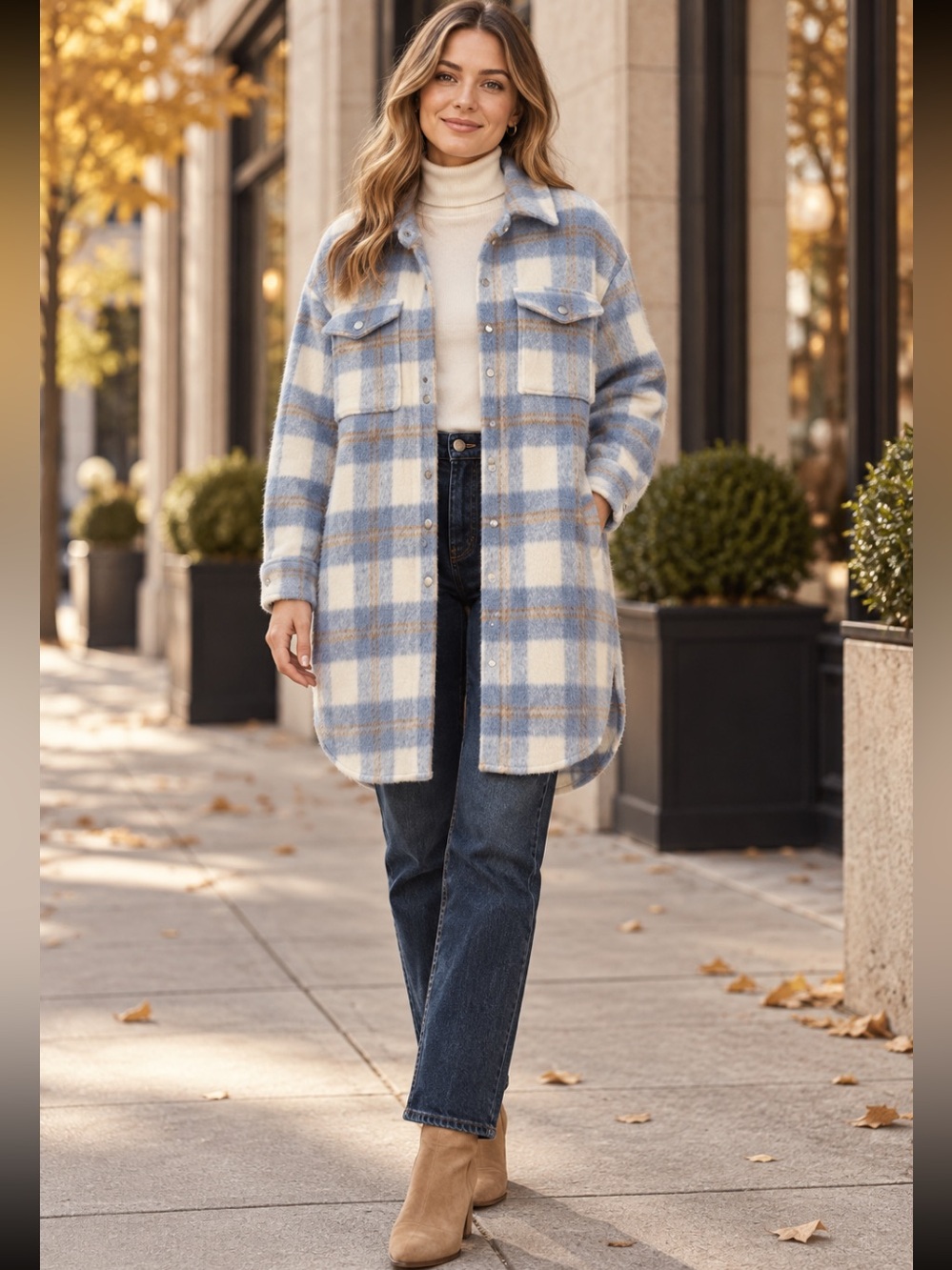 YLLW The Label Blue & Cream Plaid Fuzzy Shacket/Coat Large